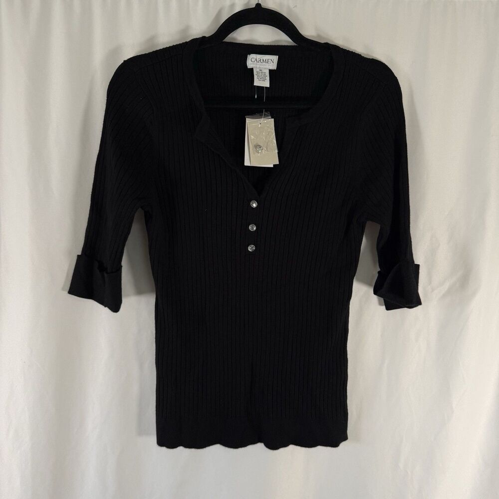 New Carmen Marc Valvo Blouse Women's XL Black Ribbed Stretch Vneck 1/2 Sleeve